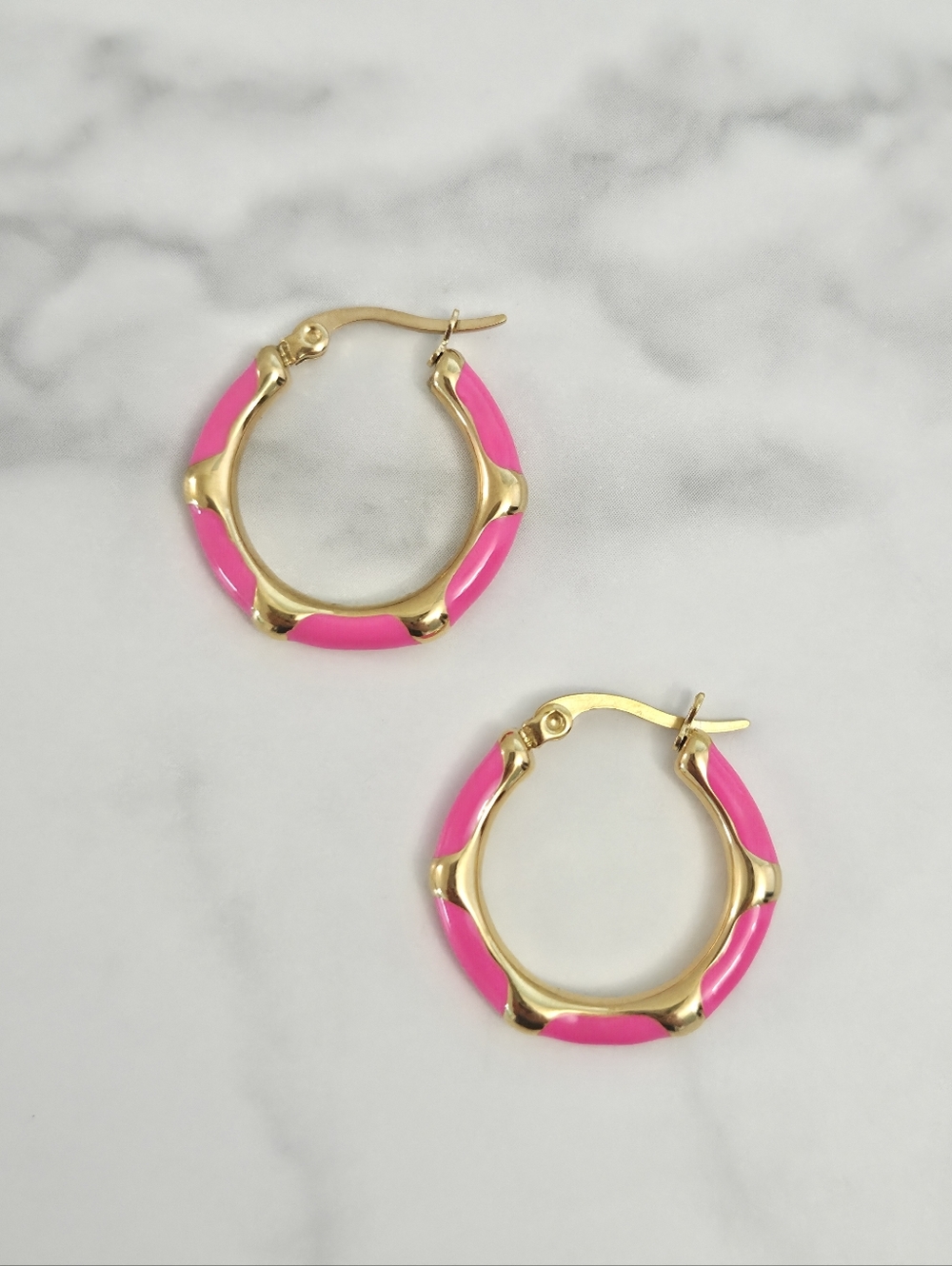 Gold & Vibrant Pink Enamel Bamboo Style Hoop Earrings Women Jewelry